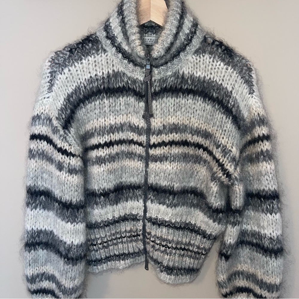 Brunello Cucinelli Mohair Wool Blend Zip Front Cardigan Sweater M Mock Neck Gray